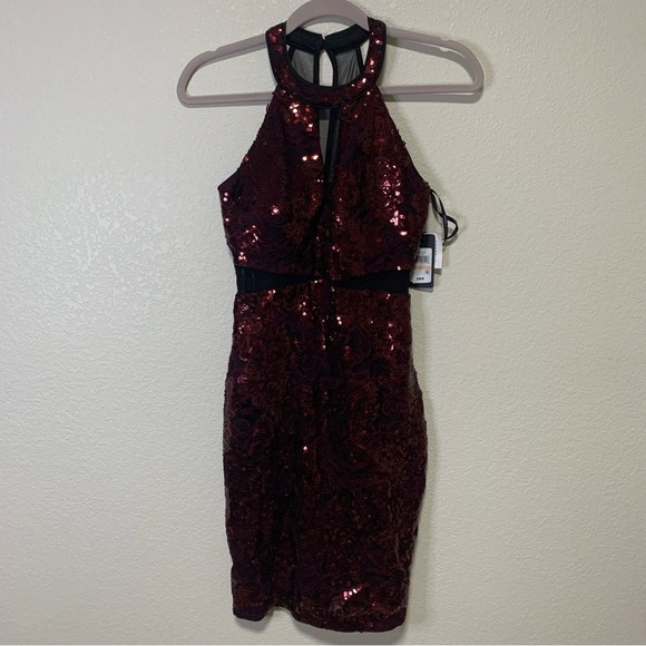 Sequined Lace and Mesh Bodycon Dress in Maroon - Picture 5 of 10